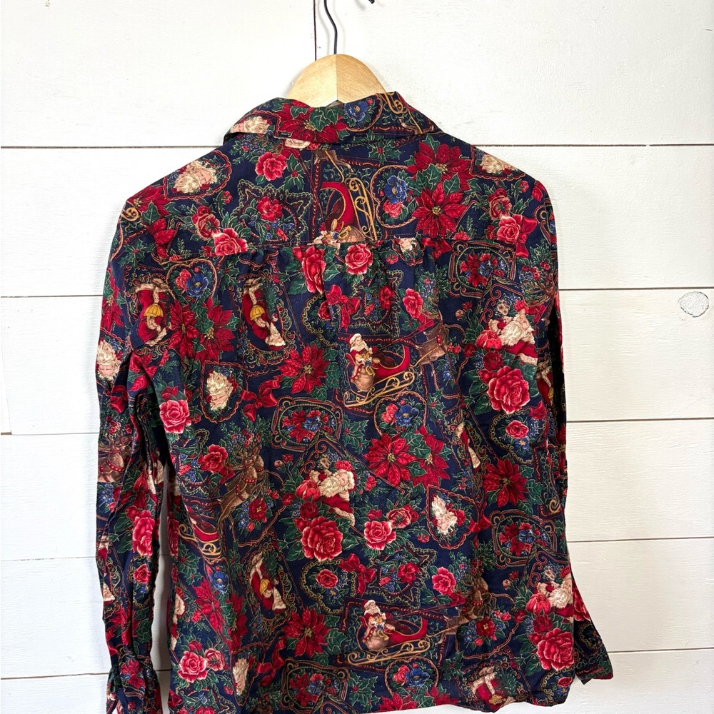 Vintage Christmas Santa Floral Button Down Blouse M - Picture 5 of 5